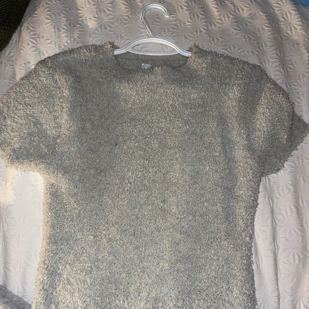 SKIMS Fuzzy Gray Short Sleeve Fuzzy Crop Top